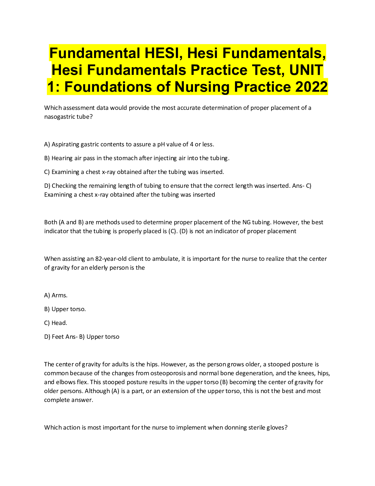 Preview image for Fundamental HESI, Hesi Fundamentals,  Hesi Fundamentals Practice Test, UNIT  1: Foundations of Nursing Practice 2022